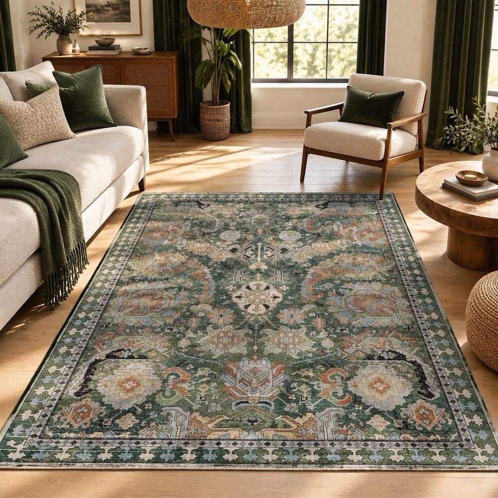 NEW Anthropologie Green Vintage Floral Boho Washable Area Rug Carpet - 5' x 7'